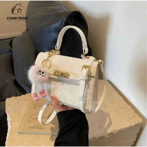 👜 Túi Xách Mini Nữ Khóa Cài Phối Charm Bông Mịn